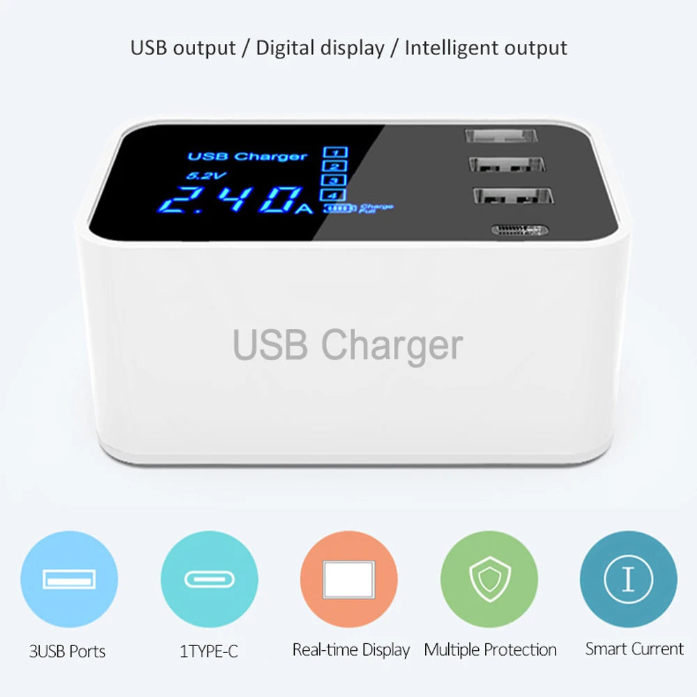 Quick Charge Type C USB Wall Charger Dock Led Display Fast Mobile Phone Tablet Charger For iPhone Samsung9 Multi USB HUB EU Plug