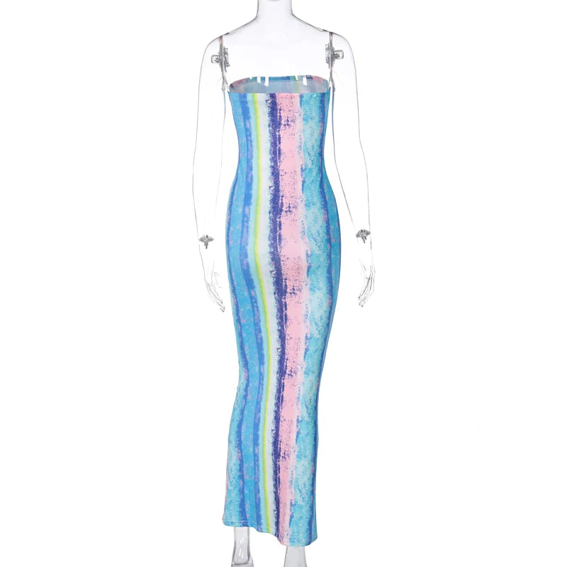 Women Casual Tube Long Dress Summer Strapless Off Shoulder Tie-dye Print Bodycon Maxi Dresses Sexy Evening Party Prom Club Robe