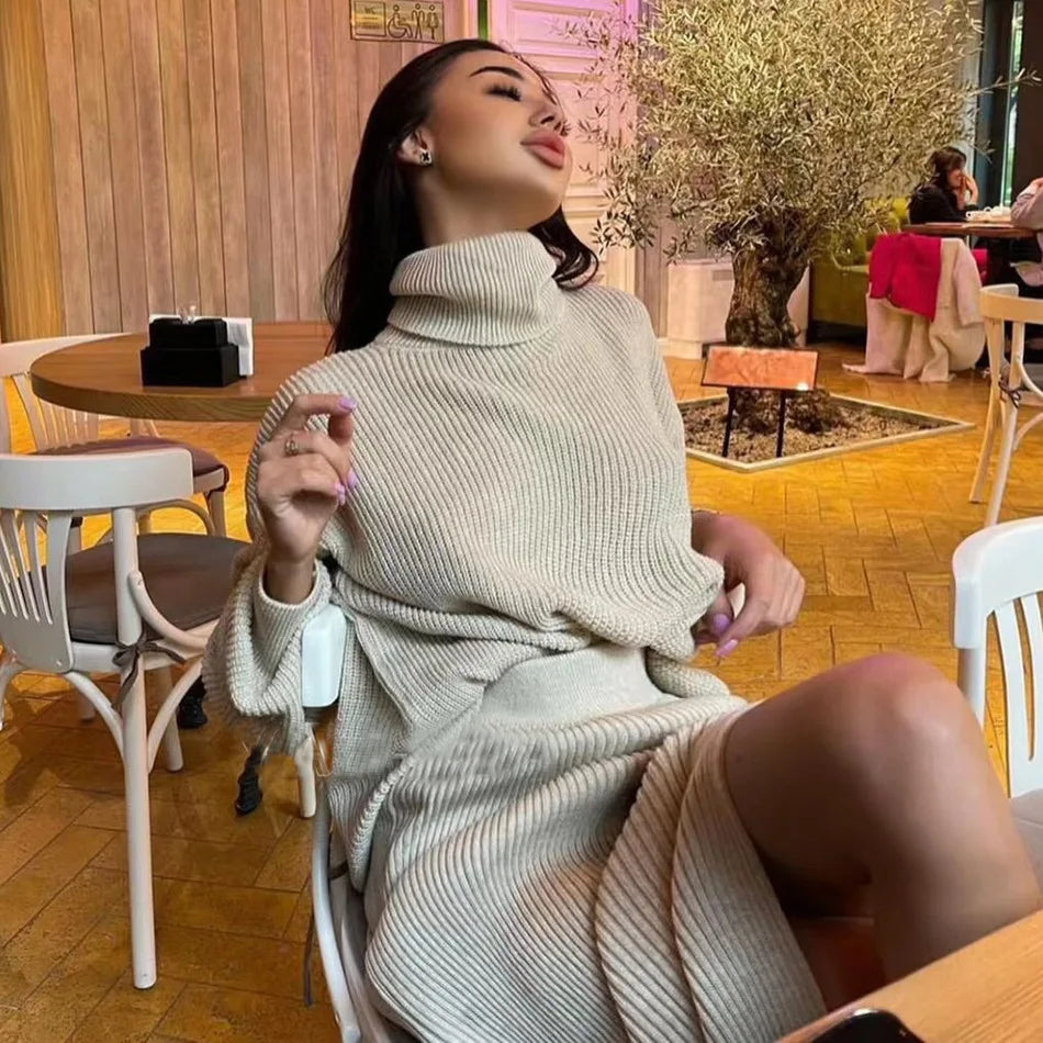 Winter Long Skirt Knitted Suit Set Women Casual Turtleneck Sweater Tops And High Waisted Split Sexy Skirt 2 Piece Set Clothing