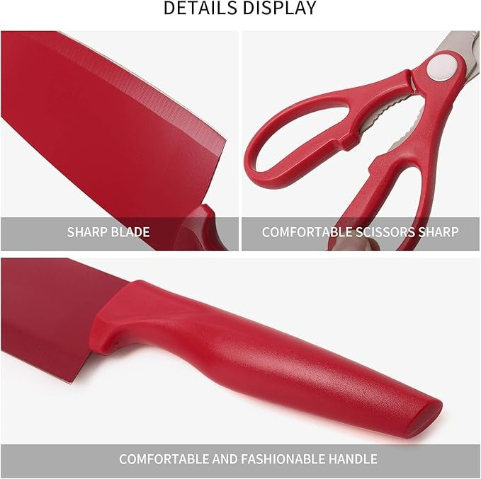 5-Piece Premium Red Kitchen Knife Set with Scissors and Peeler – Non-Stick Stainless Steel Blades and Ergonomic Handles for Home & Professional Use