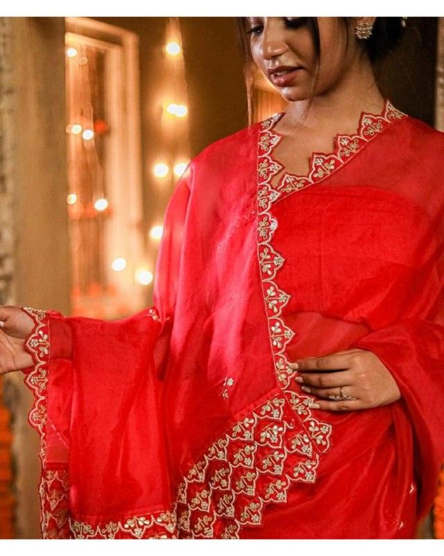 Alluring Red Organza Silk Embroidery Work Saree With Blouse