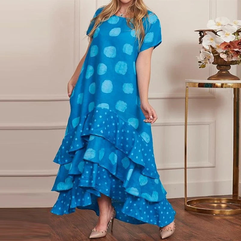 Women Casual Sleeveless Print Loose Dress Summer O-Neck Stitching Ruffle Long Beach Dress Leisure Streetwear Party Dress