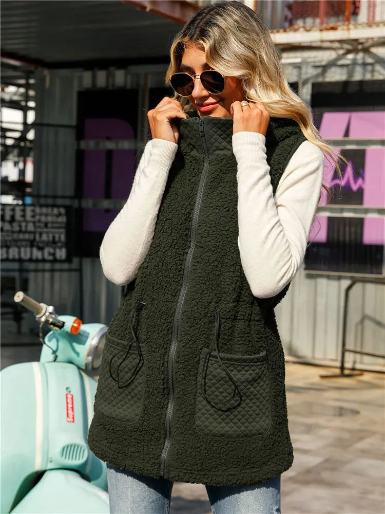 Winter Women Teddy Sweater Sherpa Fleece Vest Hooded Puffy Zipper Cardigan Patch Pockets Mid Long Tops Fluffy Warm Sweatshirts