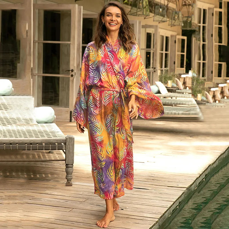 Kimono Bohemian Beach Swimsuit Cover Up Pareo Beach Women Tunics Beachwear 2023 Summer Long Bikini Blouse beach outfit for women