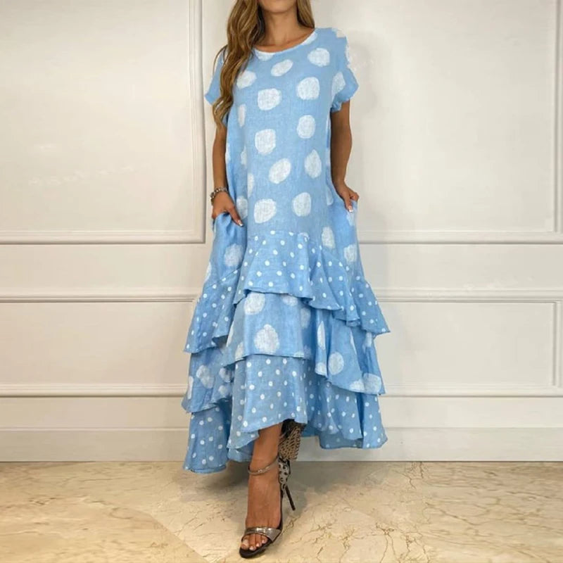 Women Casual Sleeveless Print Loose Dress Summer O-Neck Stitching Ruffle Long Beach Dress Leisure Streetwear Party Dress