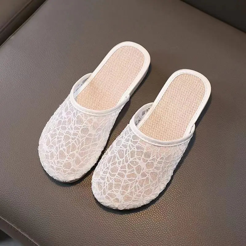 Summer New Women's Baotou Lace Hollow Causal Slippers Soft Sole Non Slip Flat Sole Lazy Slippers Home Slippers Outdoor Slippers