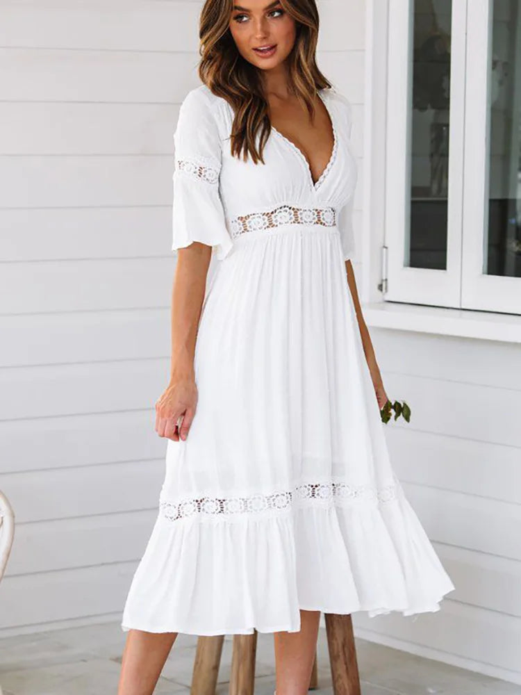 White Dress for Women Spring Summer Short Sleeve Hollow Out V-neck Casual Long Dress Bohemian Beach Style Dresses Female Vestido
