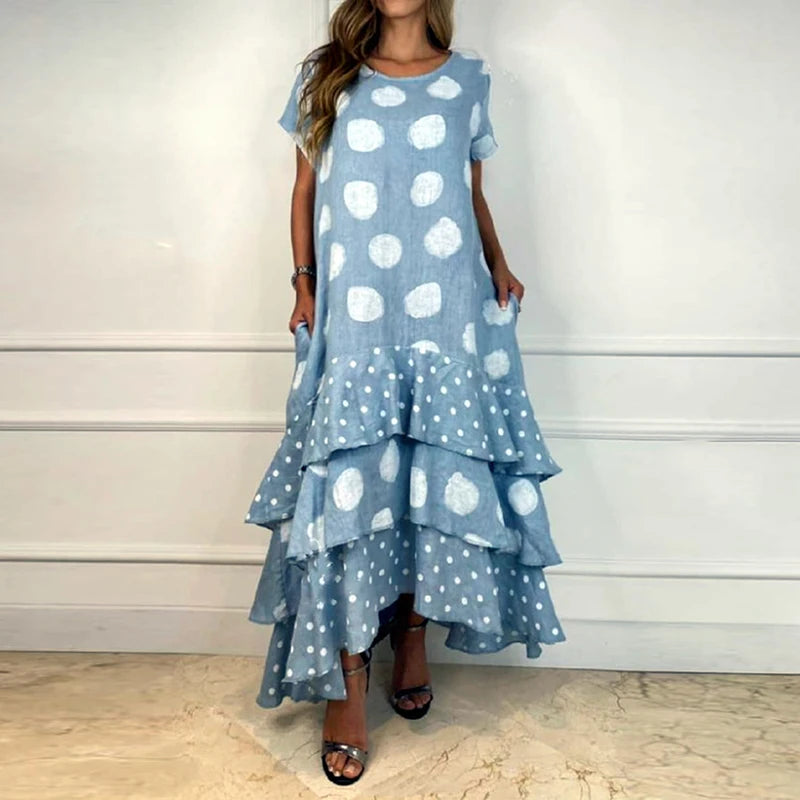 Women Casual Sleeveless Print Loose Dress Summer O-Neck Stitching Ruffle Long Beach Dress Leisure Streetwear Party Dress