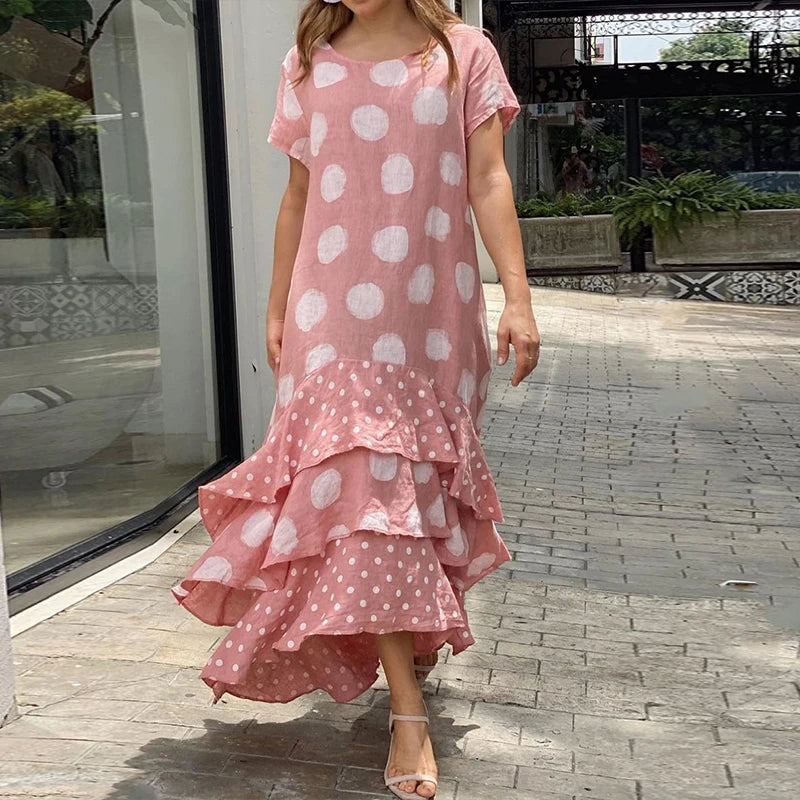Women Casual Sleeveless Print Loose Dress Summer O-Neck Stitching Ruffle Long Beach Dress Leisure Streetwear Party Dress