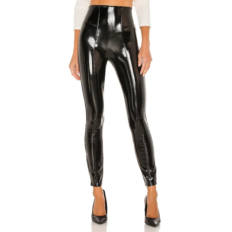 Women Sexy Patent Leather Pants Bodycon Faux Latex Slim Pencil Trousers Nightclub Party Burgundy Leather Leggings High Waist