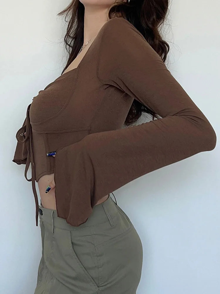 Woman Y2K Sexy V Neck TeeKorean Chic Vintage Streetwear Long Sleeve T-Shirts Gyaru Grunge Aesthetics Tight Crop Top Clothes