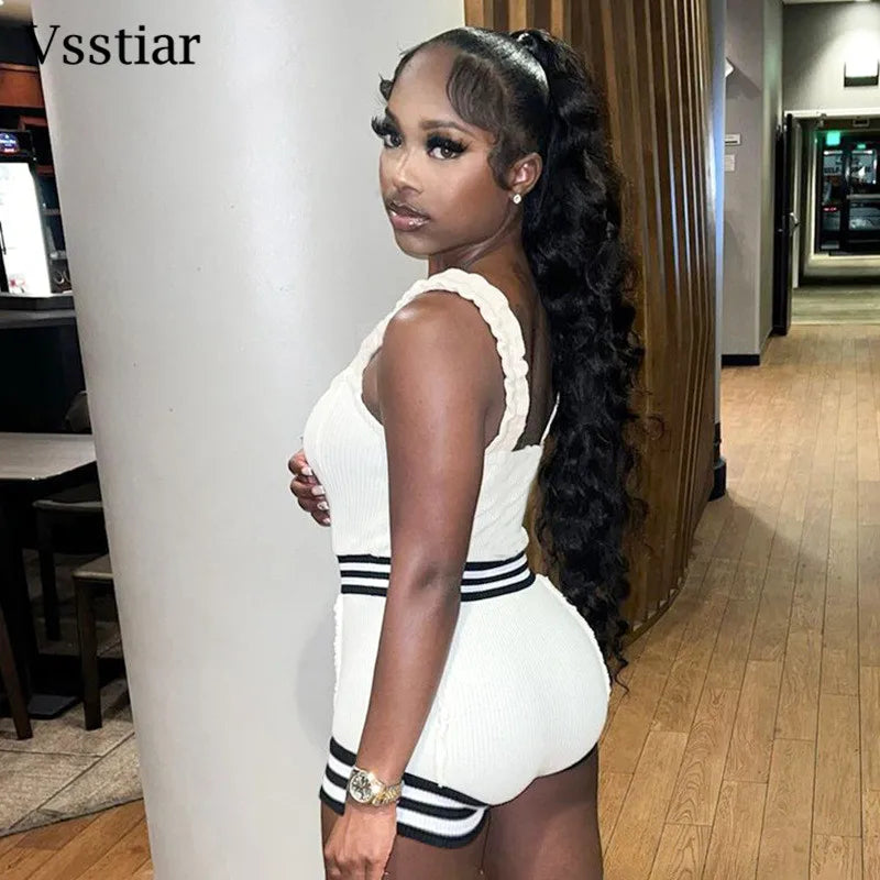 Vsstiar Sexy Sleeveless Patchwork Women Playsuit Fashion Striped Bodycon Overalls One Piece Casual Knitted Rompers Fitness