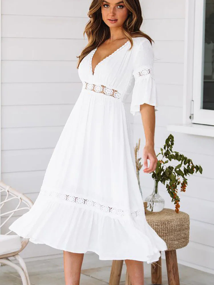White Dress for Women Spring Summer Short Sleeve Hollow Out V-neck Casual Long Dress Bohemian Beach Style Dresses Female Vestido