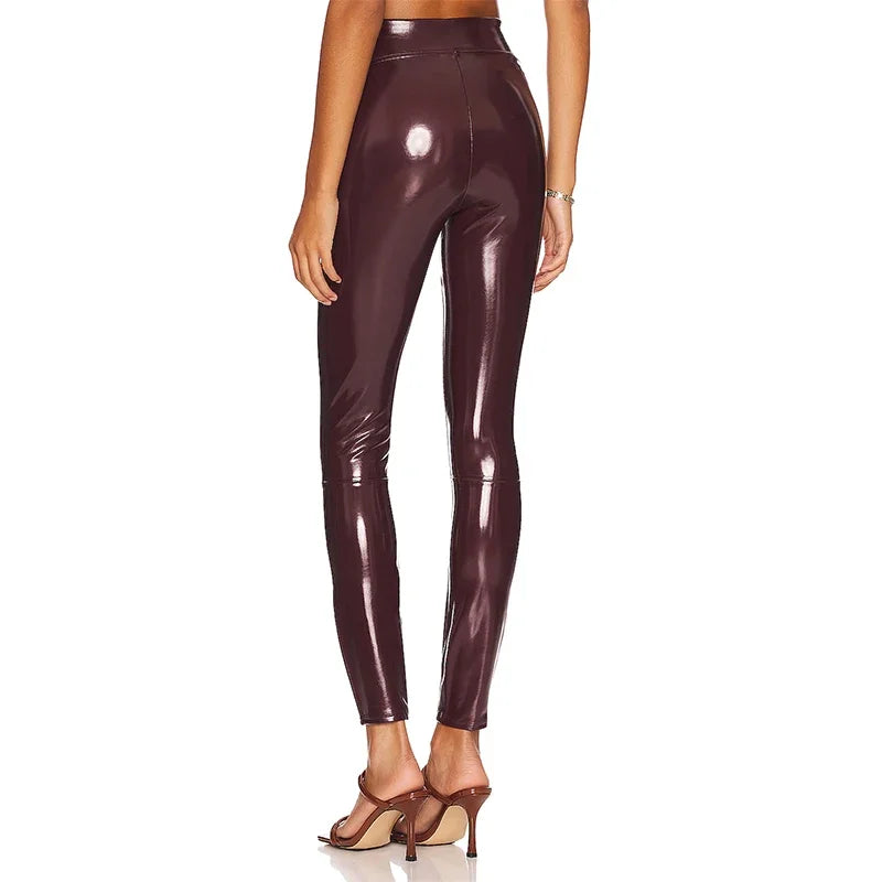 Women Sexy Patent Leather Pants Bodycon Faux Latex Slim Pencil Trousers Nightclub Party Burgundy Leather Leggings High Waist