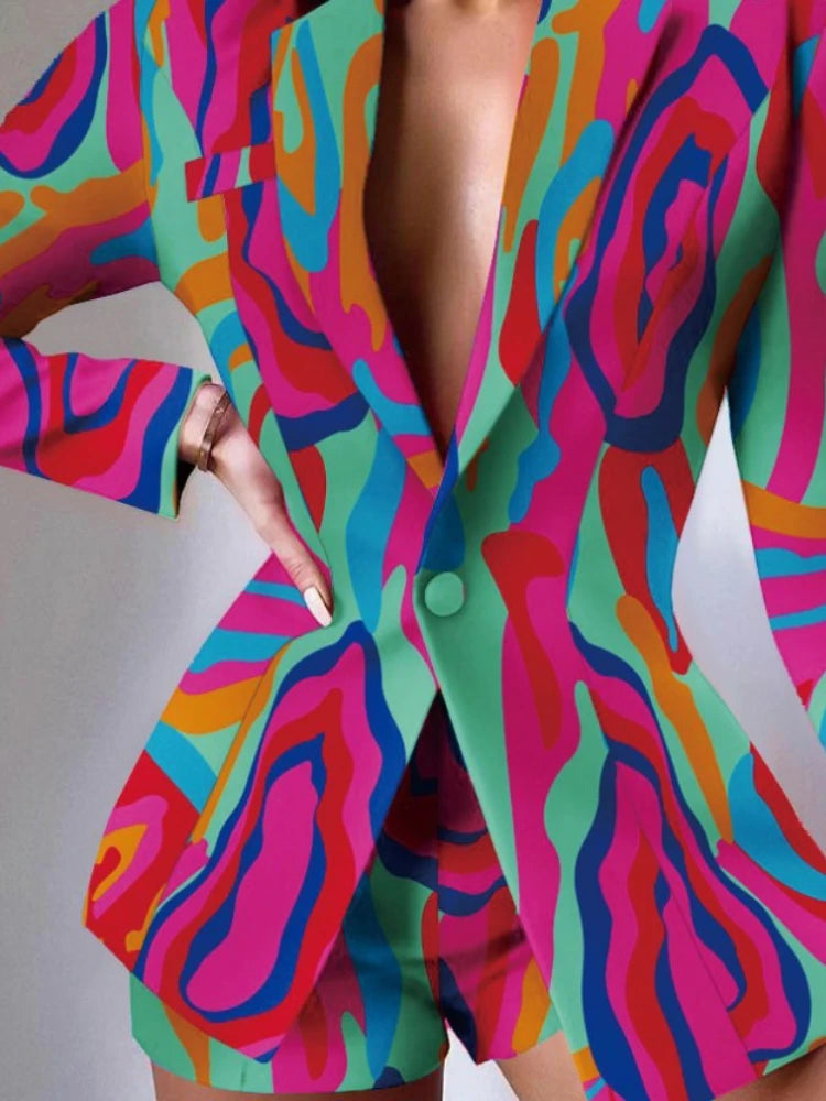 GLCMYAYA Women Fashion Leopard Chain Paisley Blazer Suit and Shorts Streetwear Chic Female Two 2 Piece Set Outfits Winter Autumn