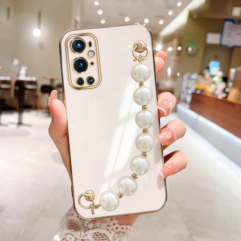 Fashion Plating Love Heart Bracelet Pearl Chain Phone Case For OnePlus 8 8Pro 8T 9 9Pro OnePlus Nord 2 5G Not Phone1 Back Cover
