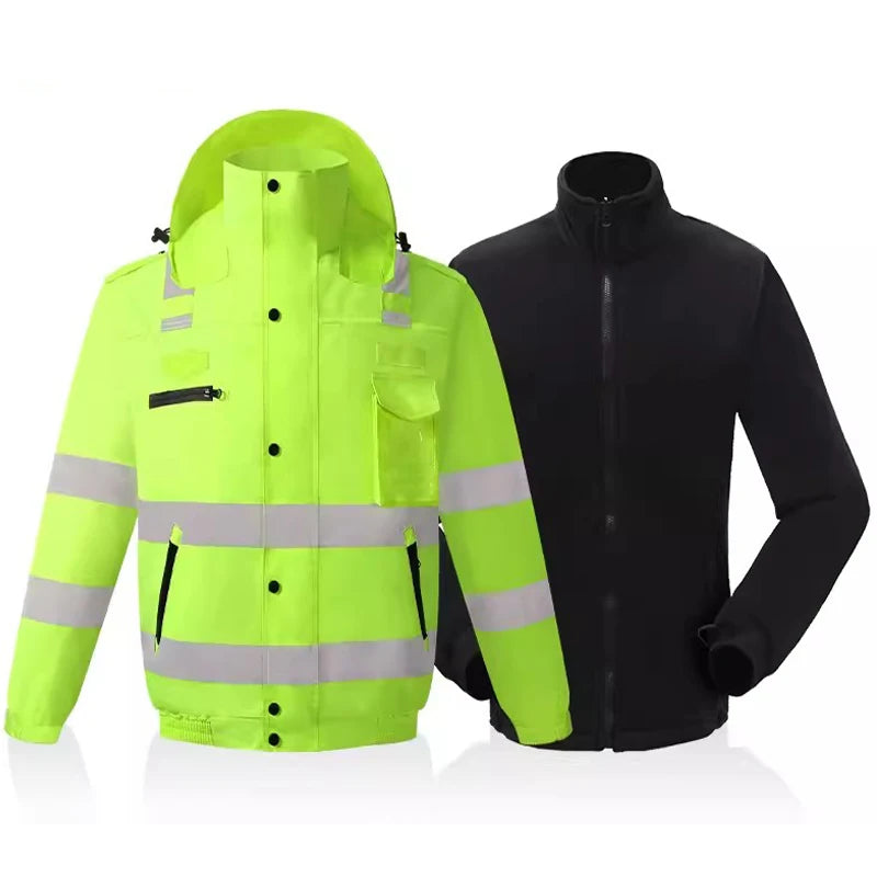 Men Workwear High Visibility Work Jacket Coat Reflective Safety Hooded Coat Wrok Clothing Warm Winter Jackets with Fleece Linner