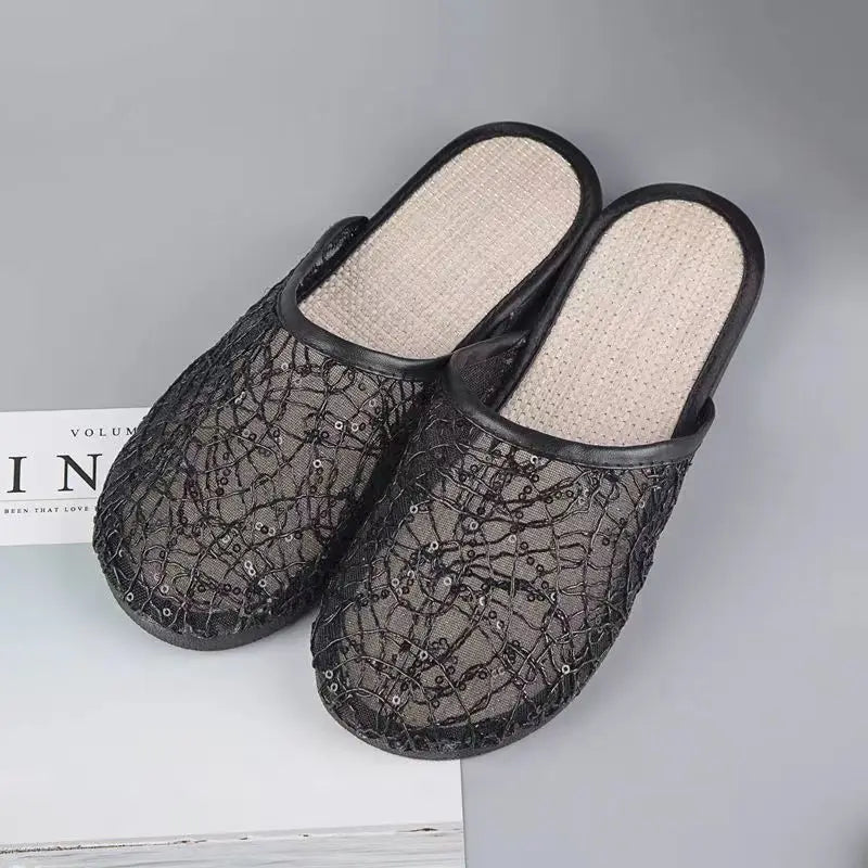 Summer New Women's Baotou Lace Hollow Causal Slippers Soft Sole Non Slip Flat Sole Lazy Slippers Home Slippers Outdoor Slippers