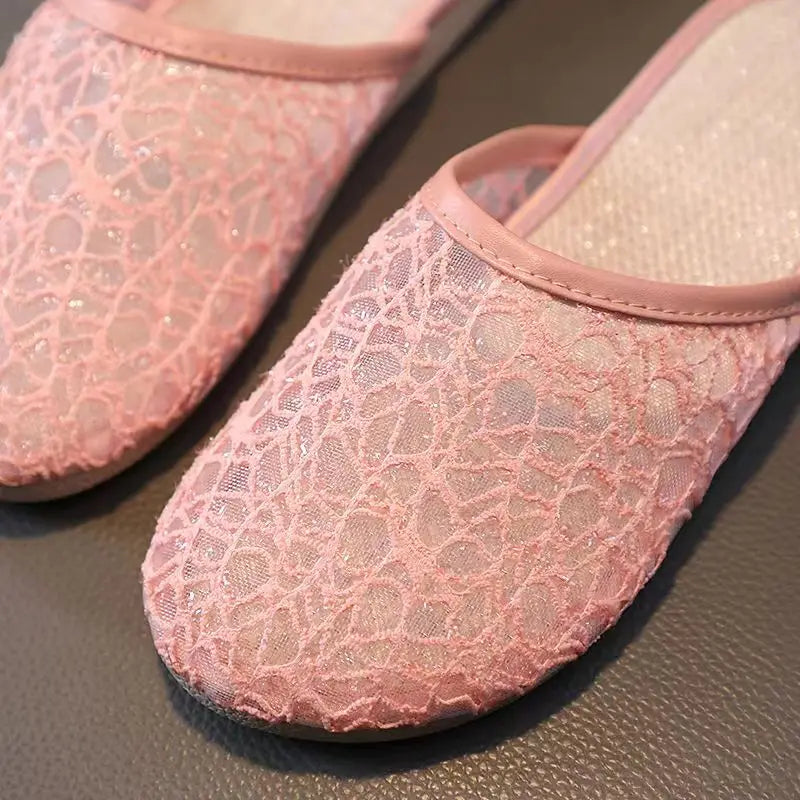 Summer New Women's Baotou Lace Hollow Causal Slippers Soft Sole Non Slip Flat Sole Lazy Slippers Home Slippers Outdoor Slippers