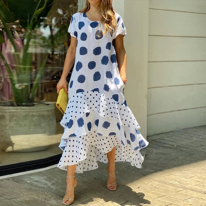 Women Casual Sleeveless Print Loose Dress Summer O-Neck Stitching Ruffle Long Beach Dress Leisure Streetwear Party Dress