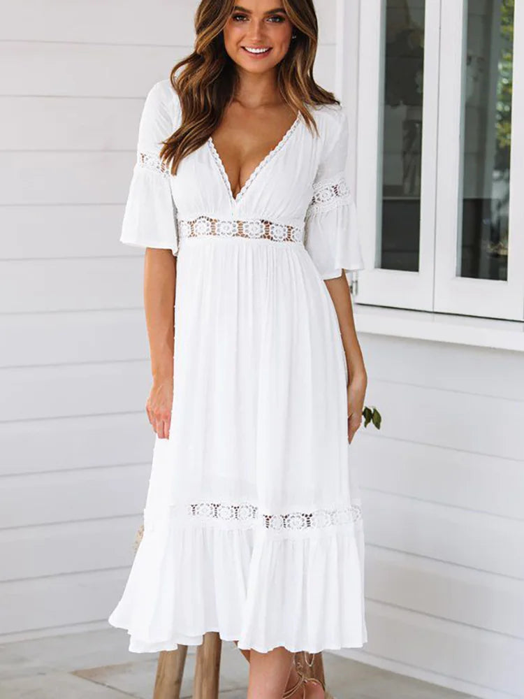 White Dress for Women Spring Summer Short Sleeve Hollow Out V-neck Casual Long Dress Bohemian Beach Style Dresses Female Vestido