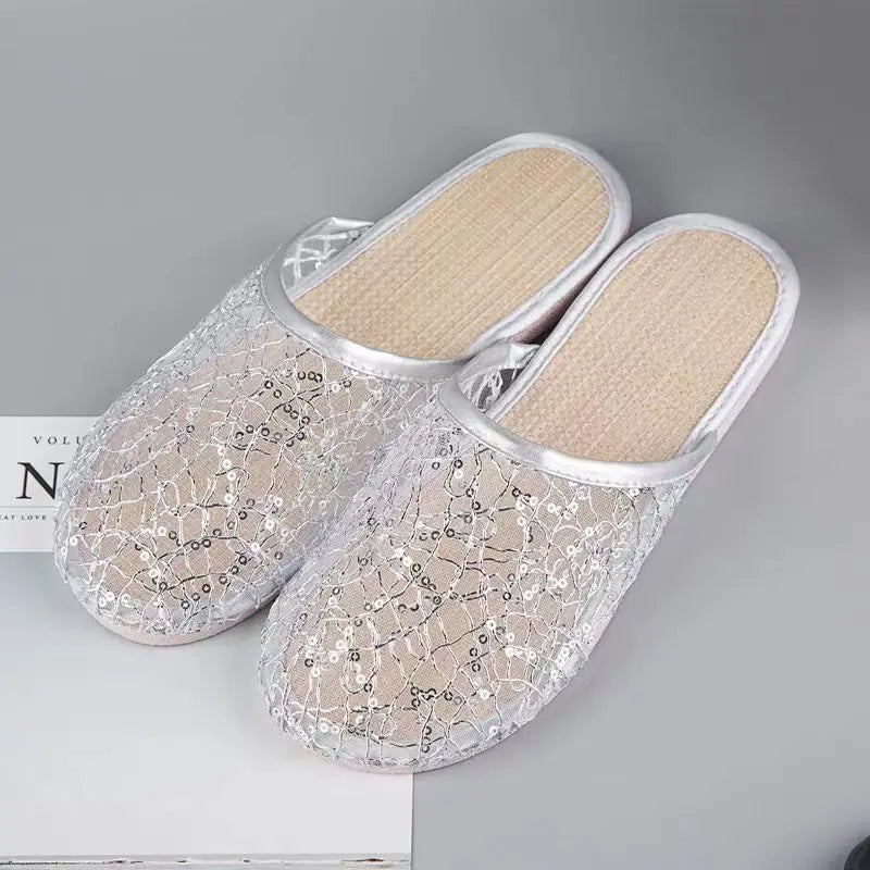 Summer New Women's Baotou Lace Hollow Causal Slippers Soft Sole Non Slip Flat Sole Lazy Slippers Home Slippers Outdoor Slippers