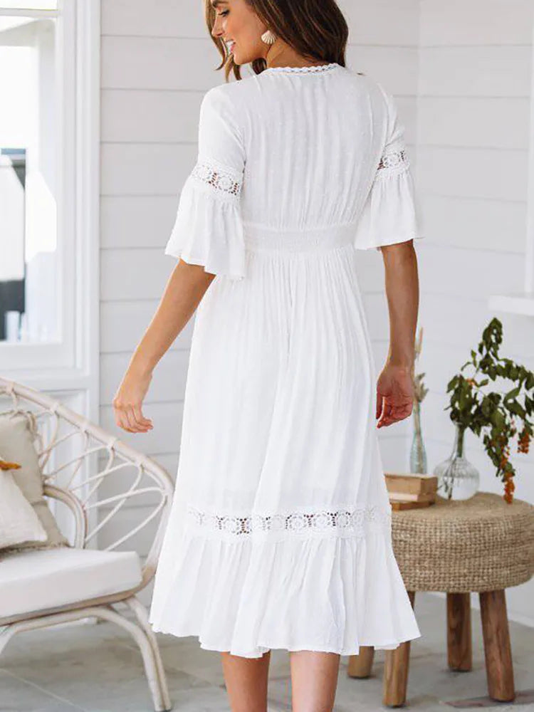 White Dress for Women Spring Summer Short Sleeve Hollow Out V-neck Casual Long Dress Bohemian Beach Style Dresses Female Vestido
