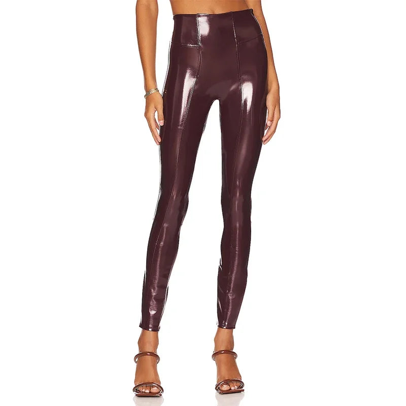 Women Sexy Patent Leather Pants Bodycon Faux Latex Slim Pencil Trousers Nightclub Party Burgundy Leather Leggings High Waist
