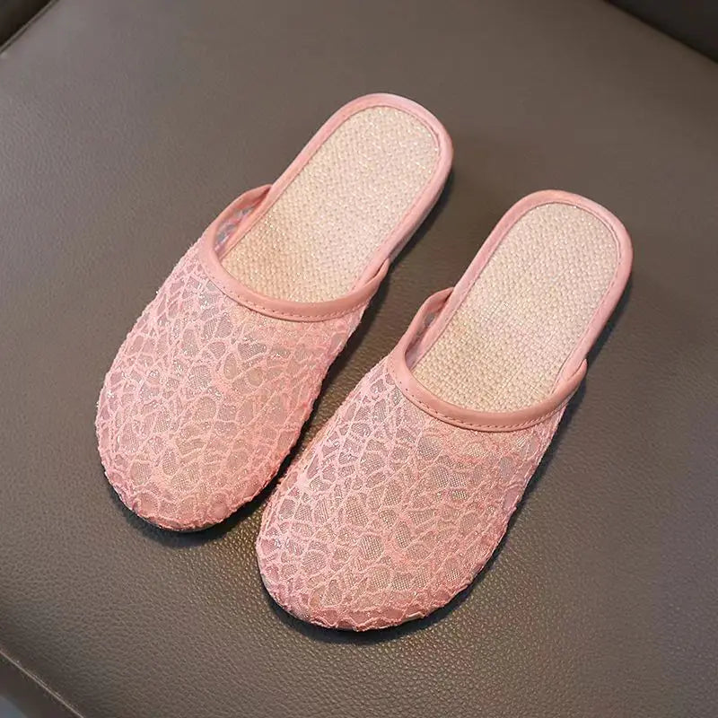 Summer New Women's Baotou Lace Hollow Causal Slippers Soft Sole Non Slip Flat Sole Lazy Slippers Home Slippers Outdoor Slippers