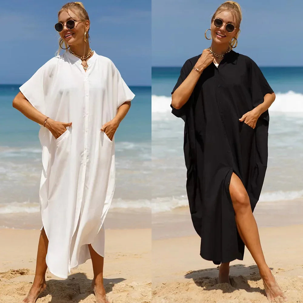Primavera Verão Blusas Camisa Vestido T-Shirt Branco Preto Vestido Long Beach Mulheres Algodão Kaftan Solto Robe Vestido Praia Cover-ups