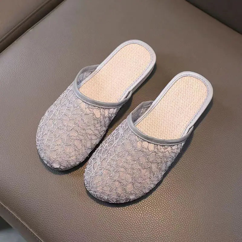 Summer New Women's Baotou Lace Hollow Causal Slippers Soft Sole Non Slip Flat Sole Lazy Slippers Home Slippers Outdoor Slippers