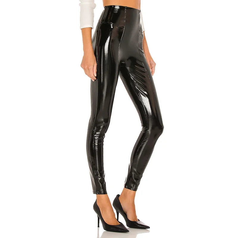 Women Sexy Patent Leather Pants Bodycon Faux Latex Slim Pencil Trousers Nightclub Party Burgundy Leather Leggings High Waist