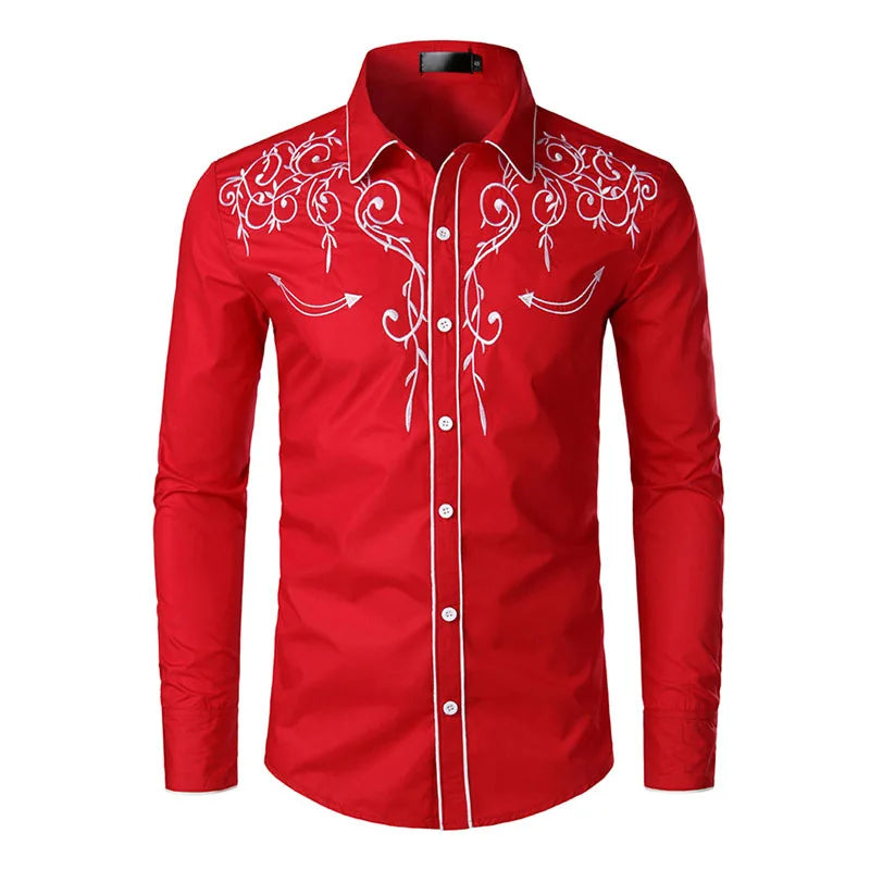 Ocidental cowboy bordado camisas dos homens casual manga longa fino ajuste camisa masculina festa de casamento social clube masculino formatura chemise homme