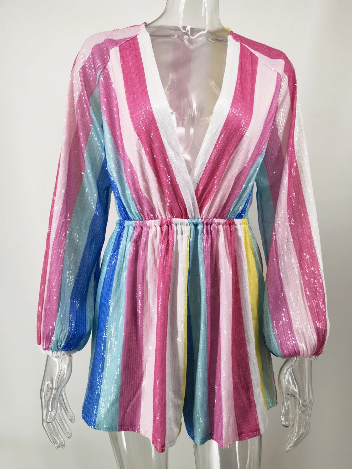 Sexy Elastic Waist Women Jumpsuit Deep V Neck Striped Sequin Wide Leg Jumpsuit Romper Loose Playsuit Clubwear