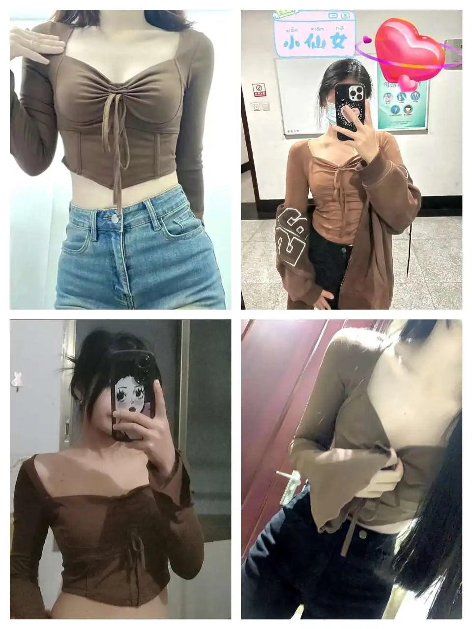 Woman Y2K Sexy V Neck TeeKorean Chic Vintage Streetwear Long Sleeve T-Shirts Gyaru Grunge Aesthetics Tight Crop Top Clothes