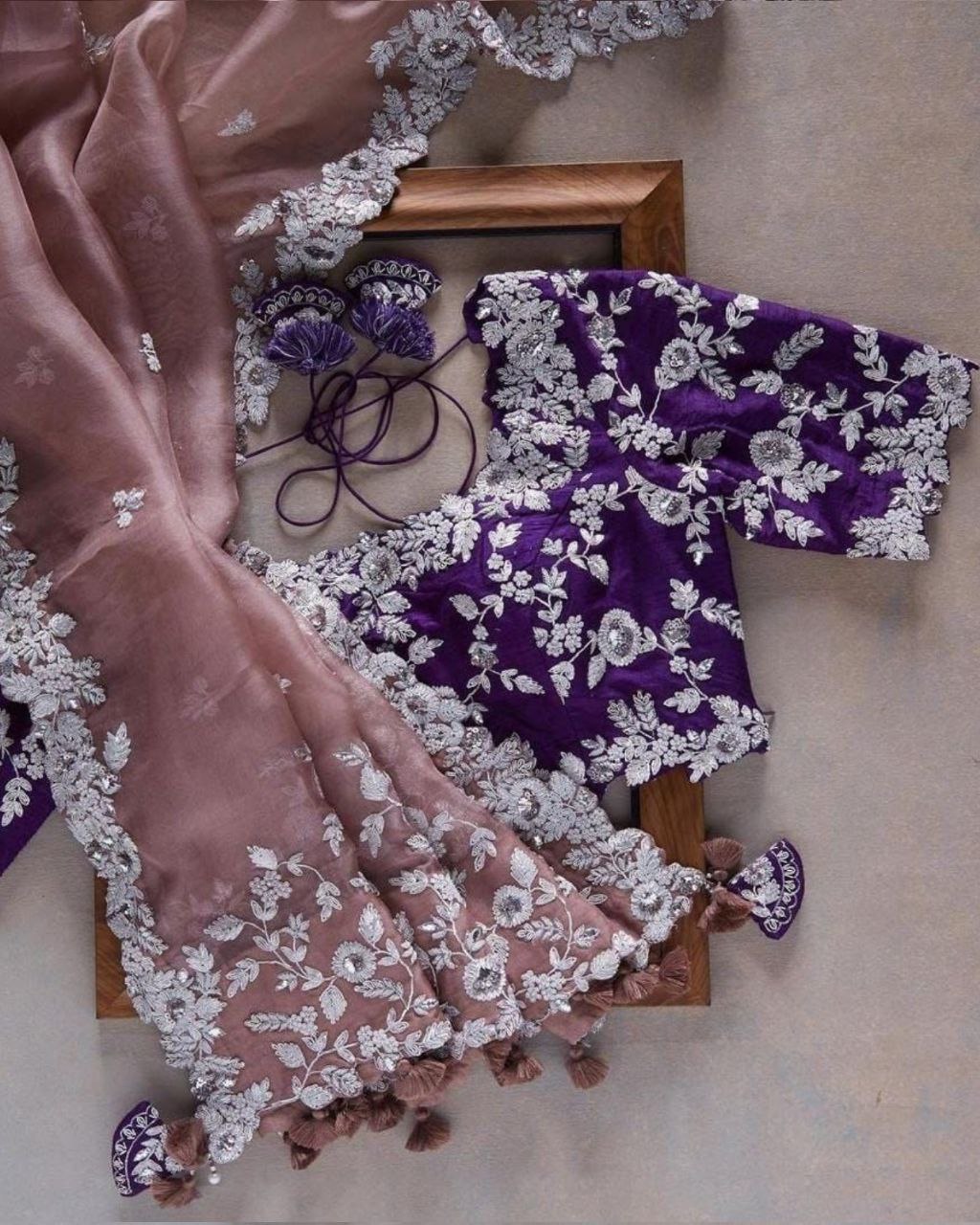 Pure Onion Pink Colour Chinon Silk Saree With Purple Colour Blouse Peice