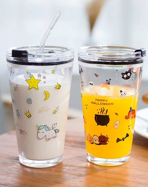 450ml Printed Glass Tumbler With Straw