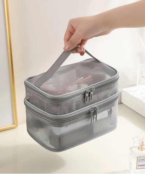 2 Layer Cosmectic Mesh Bag, Double Layer Cosmetic Bag, Easy Classification Large Capacity Mesh Cosmetic Bag with Sturdy Handle for Travel Black Double Layer