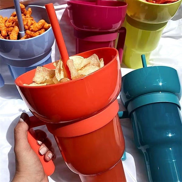 2 in 1 Snack Bowl & Drink Cup with Straw, Portable Stadium Tumbler Snacks Cup, Snack Bowl for Living Room, Bedroom, Travel | 1 Snack and Drink Cup