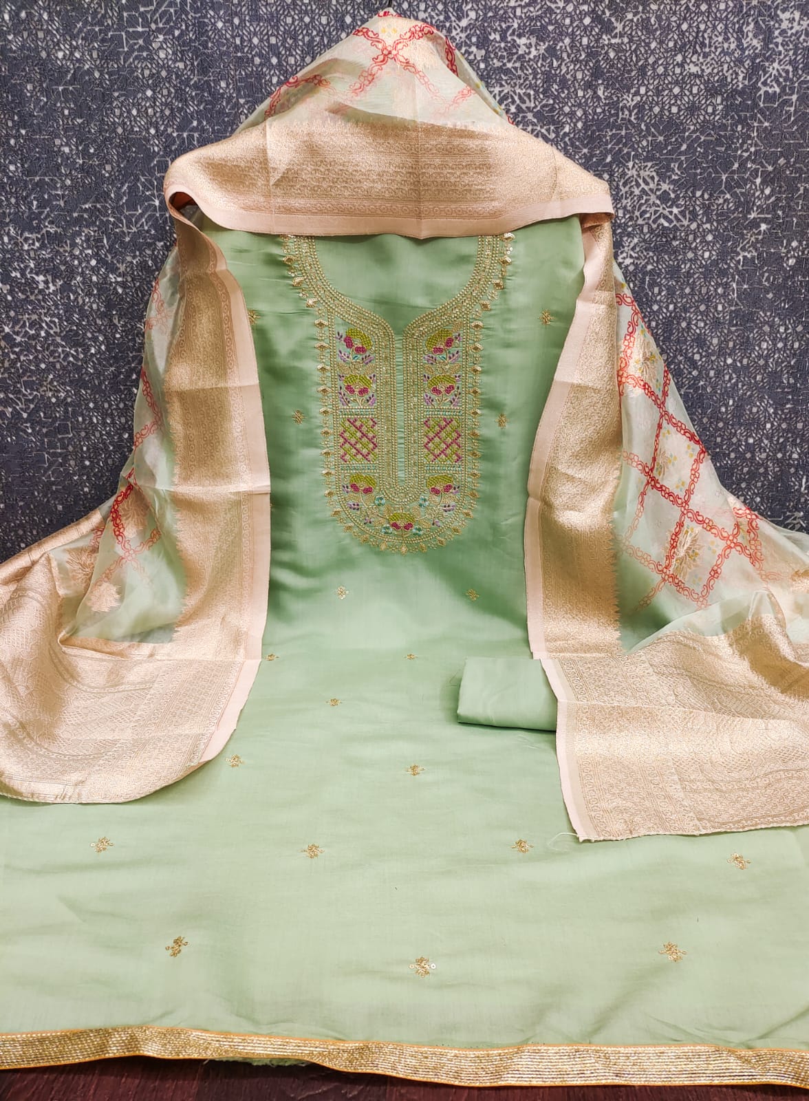 Green Floral Embroidered Roman Cotton Silk Dress Material