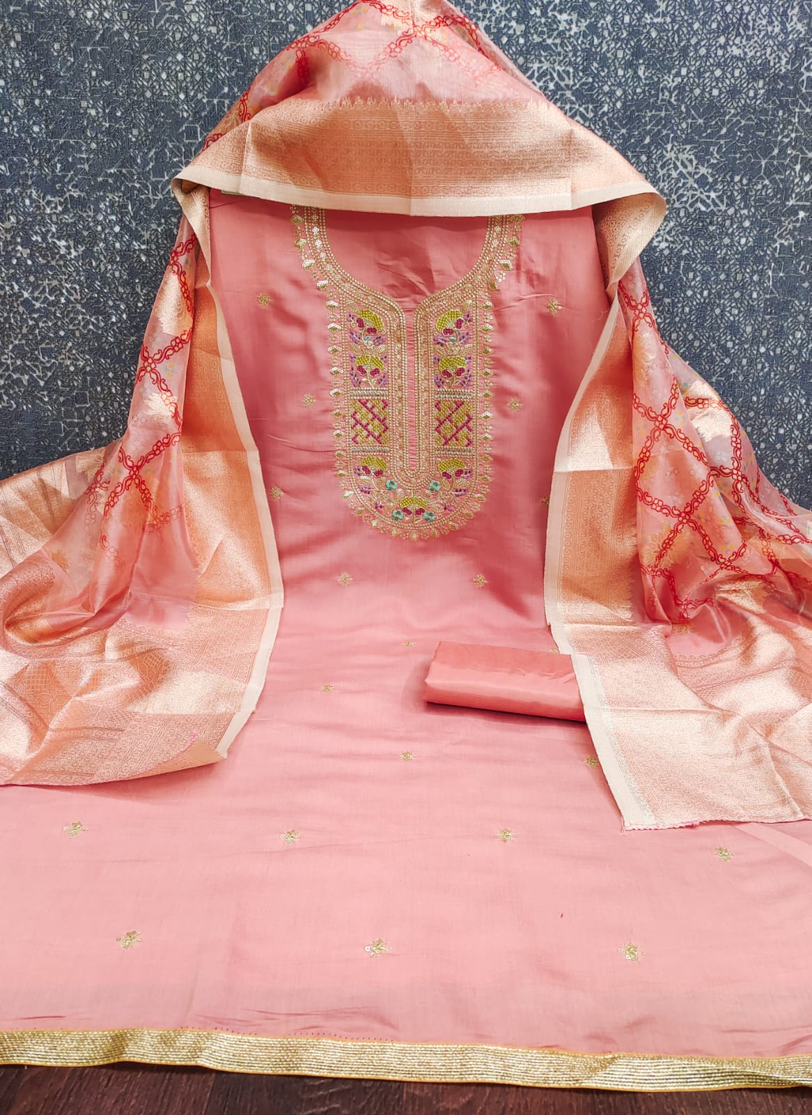 Peach Threadwork Georgette Unstitched Salwar Suit