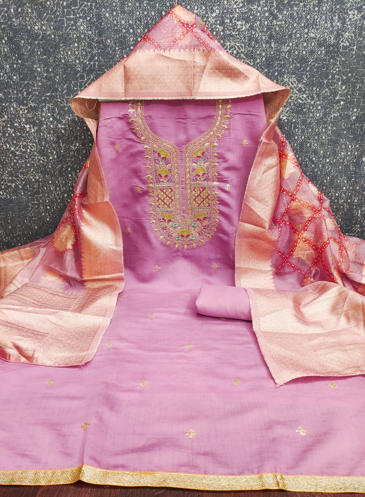 Pink Cotton Blend Dress Material Adorned With Floral Cording Embroidery & Sequins work