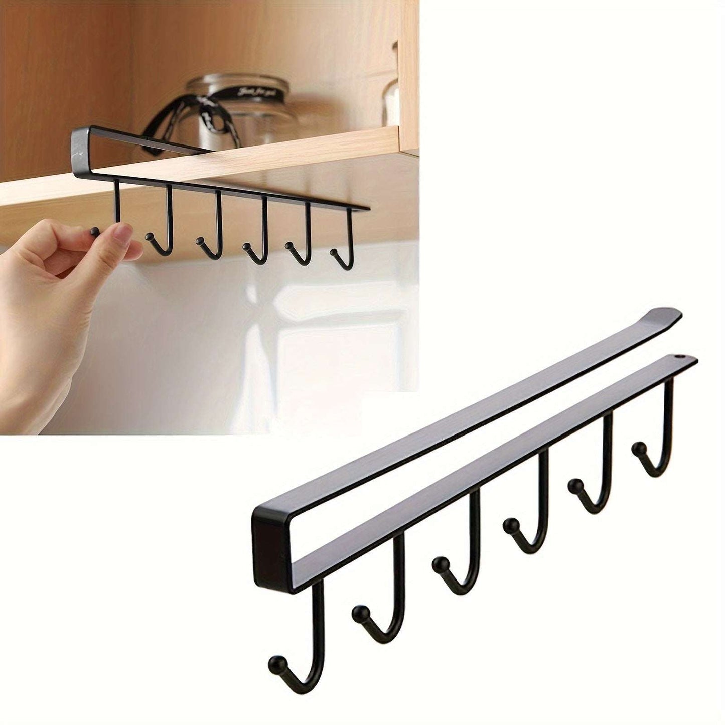 1 Pack Hanging Hooks Rack Under Cupboard Cabinet Cup Holder Coffee Mug Holder 6 Hooks Drilling Free Coffee Cups Holder Kitchen Utensil Storage Organizer Hook Rack