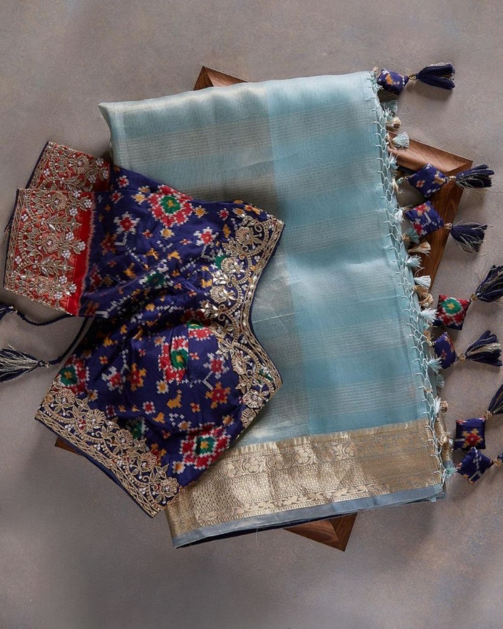 Exclusive Sky Vichitra Silk Saree With Blue Bandhani Print Blouse