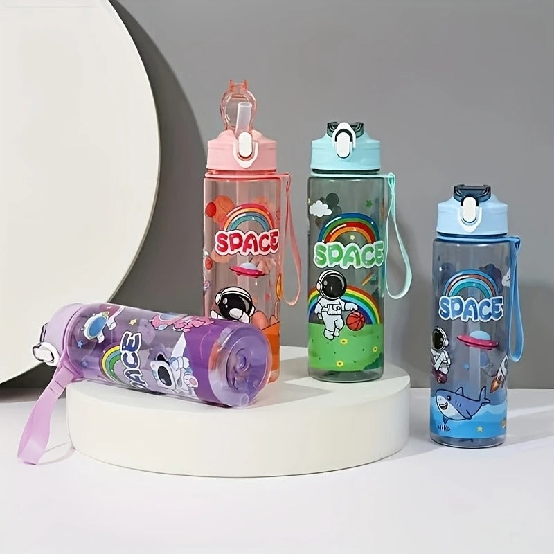 Kids Space-Themed Water Bottle – Leak-Proof BPA-Free Bottle with Straw & Strap, Cute Astronaut Cartoon Design