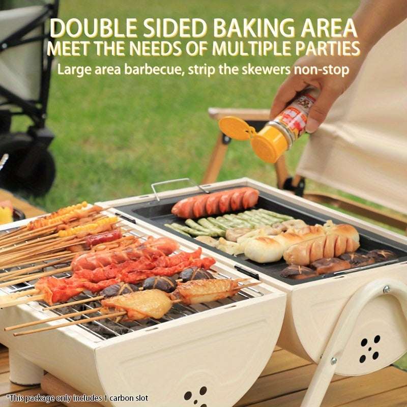 Portable Folding BBQ Grill, Outdoor Camping Charcoal Barbecue with Dual-Sided Grilling Grate and Drip Tray, Iron Construction - Ideal for Home Garden, Backyard, and Outdoor Cooking