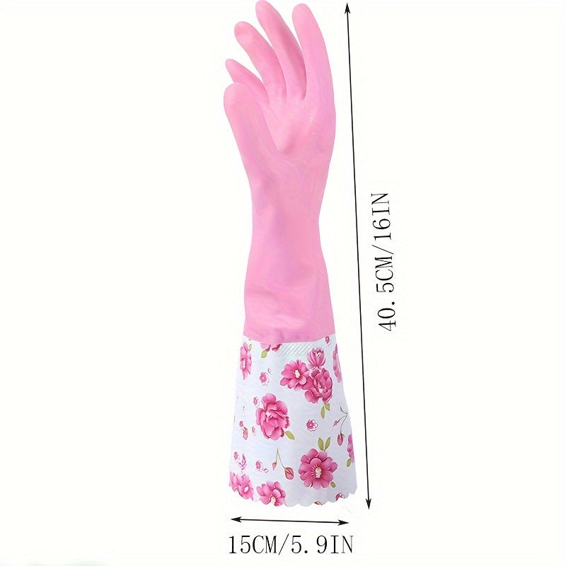 1 Pair Rubber Gloves for Kitchen, Dishwashing & Laundry - Long, Waterproof, Durable, PVC-Free, Warm Fleece Lined Cleaning Gloves, Dishwashing Gloves