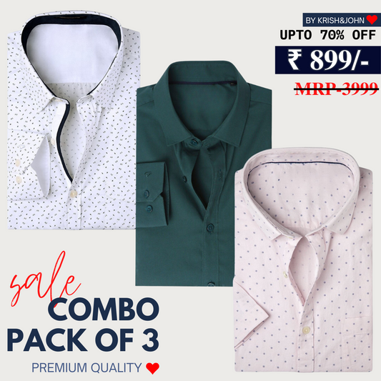 Office Essentials: 3-Pack Premium Cotton Formal Shirts – Tailored Fit, Full Sleeves & Pockets (FS-40 )