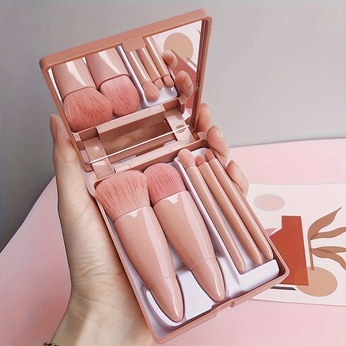 5 pcs Mini Makeup Brush Set with Mirror - Multifunctional Travel Cosmetic Brushes, Fragrance-Free, ABS Handle, Polyester Bristles, Palm Brush Shape, Ideal Gift for Friends and Family, All Skin Types