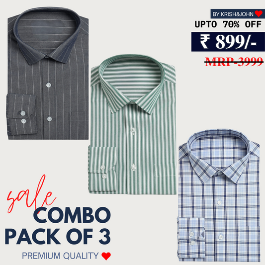 Office Essentials: 3-Pack Premium Cotton Formal Shirts – Tailored Fit, Full Sleeves & Pockets ( FS-162)